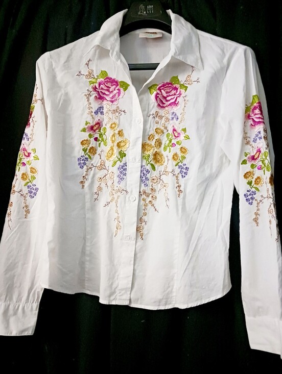 Tops - White Floral Embroidered Button-Up Shirt - Pink & Green Accents